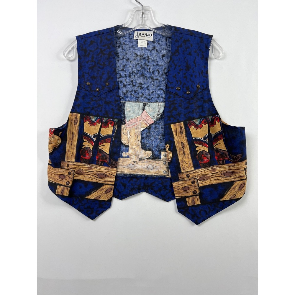 Banjo Western Skirt Set Womens Large Blue Cowboy Boot Print Tiered Maxi Vest - Picture 8 of 15